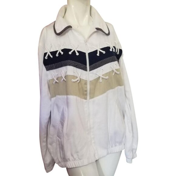 Alfred Dunner Sailing Windbreaker Jacket Sz 10 (Med) White Navy Blue with Ropes - Picture 1 of 7